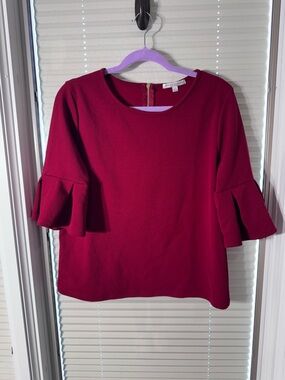 Green Envelope Burgundy Ruffle Sleeve Round Neck Blouse